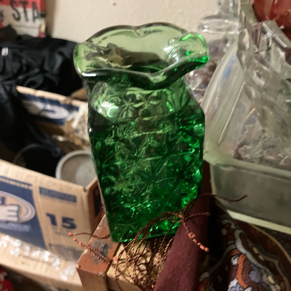 Emerald Green and ice blue matching pair Glass Vase with Ruffled Edge vintage